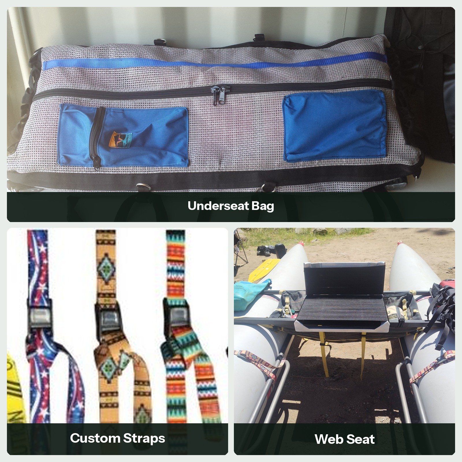 Go Light accessories: underseat storage bag, custom Cam Buckle straps, and webbing seat